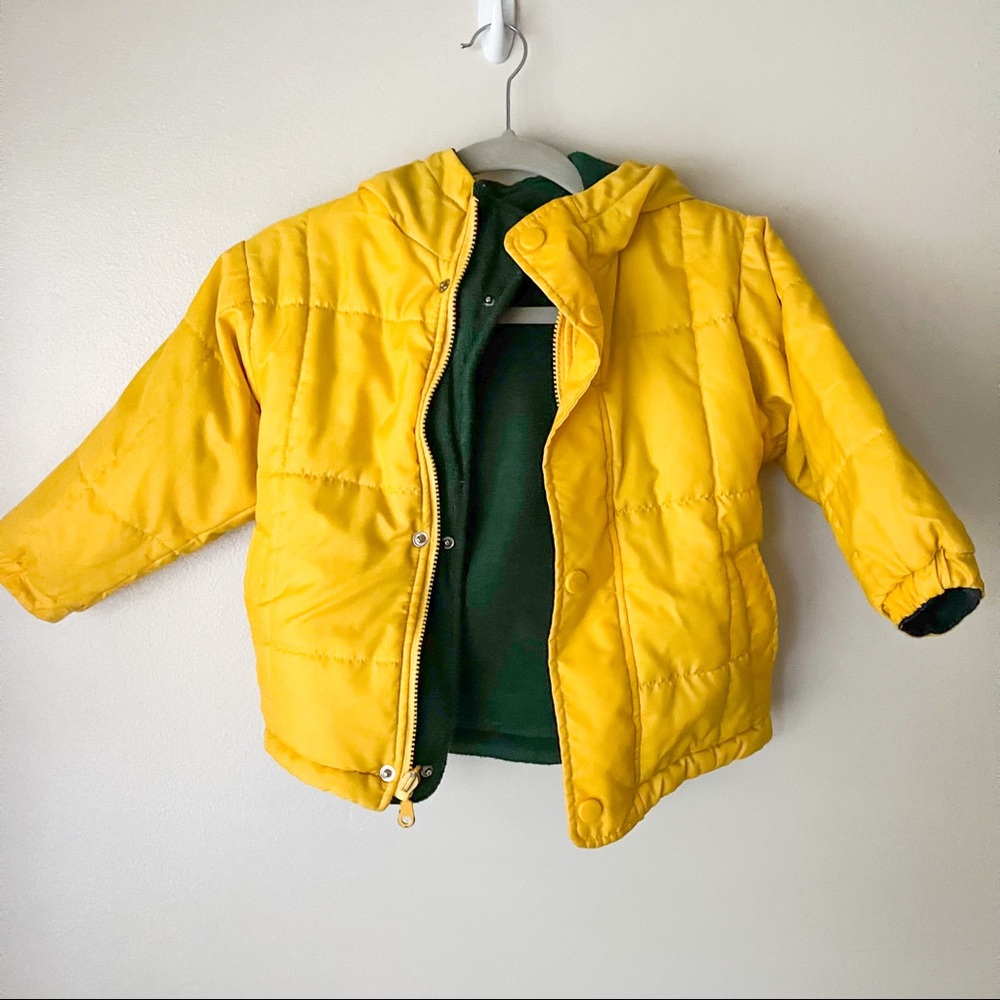 London Fog Toddler Yellow Reversible Rain Coat with Green Stripe Fleece Puffer - Picture 1 of 5